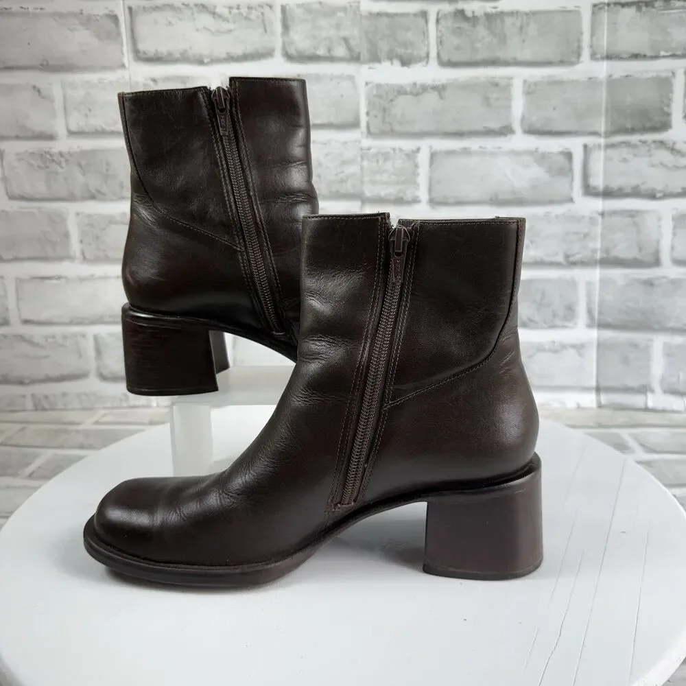 Diba Women's Size 8 VINTAGE Brown Leather Block Heel Chunky Y2K Zip Boots